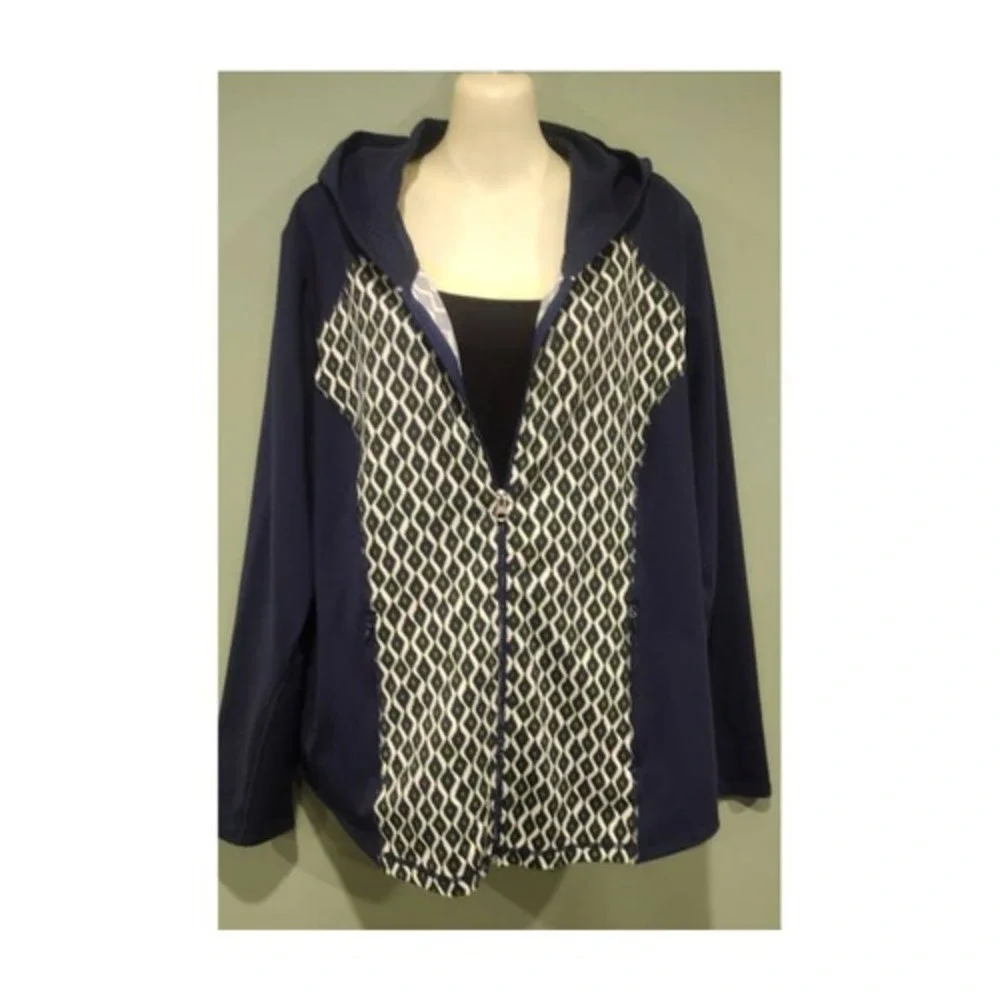 Chico's Zenergy Zip Up Hooded Unlined Jacket, Navy/Wht/Lime, Sz 3 (16)‎